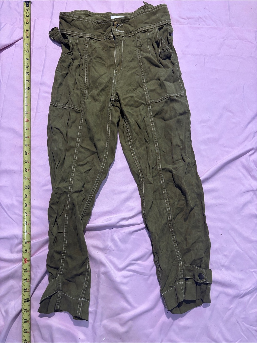 Anthropologie Olive Utility linen blend cargo jogger Pants with Hem Tabs
